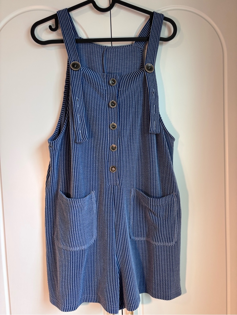 Trendy boutique Blue Ribbed Button-Front Overall Romper